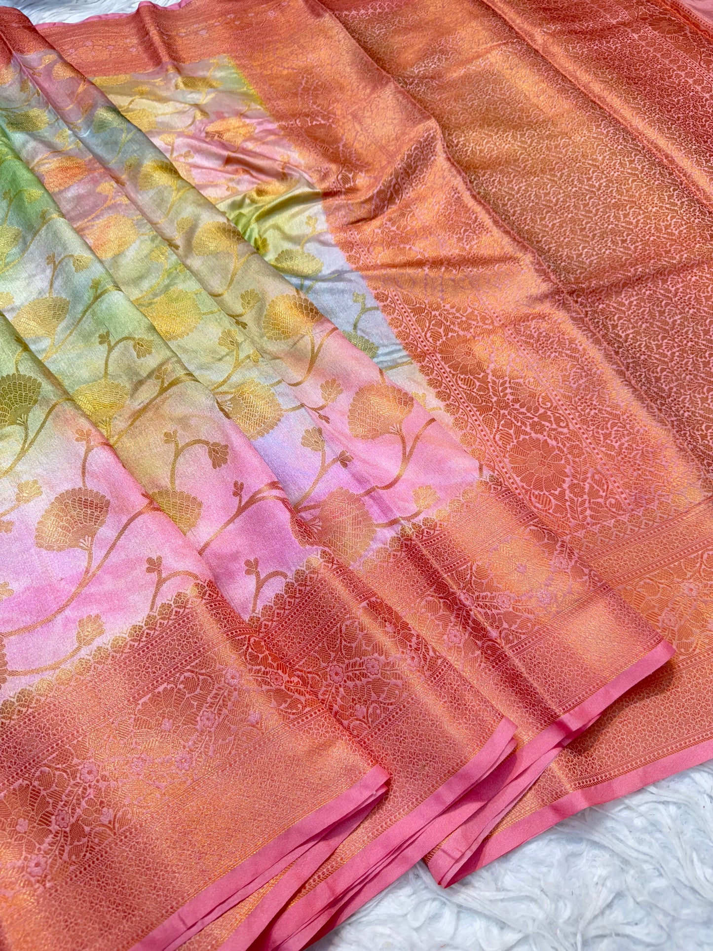 Pink & multicolour Dupion silk digital print Banarasi saree