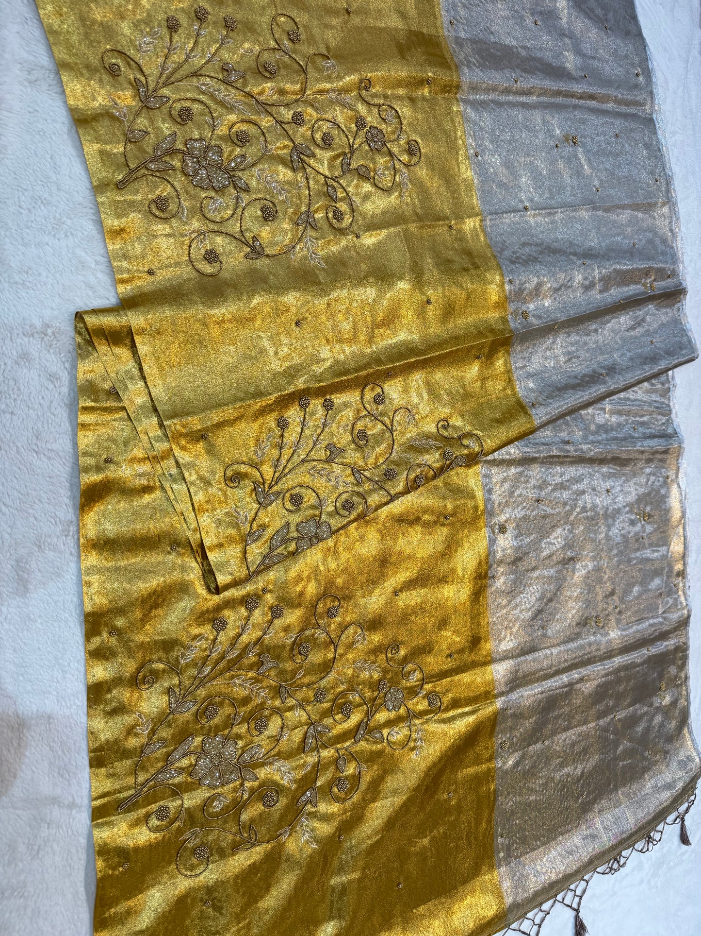 Gold silver tissue half half  tissue designer hand work Banarasi saree