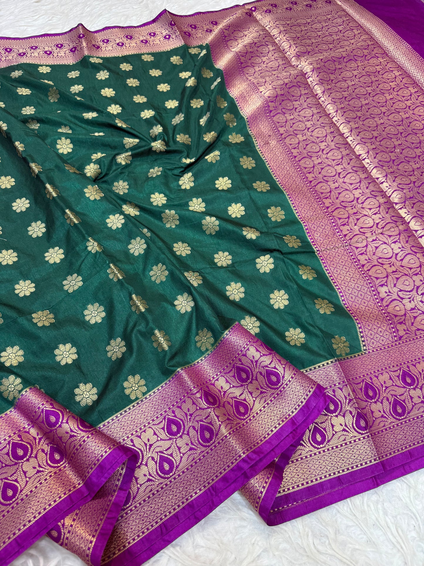 Bottle green & magenta shade  Dupion Silk premium Banarasi Saree