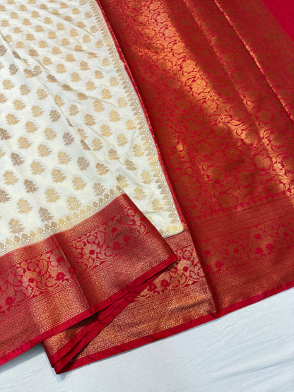Off white & red shade  Dupion Silk premium Banarasi Saree