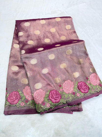 Magenta shade  tissue cutwork embroidery premium designer Banarasi saree