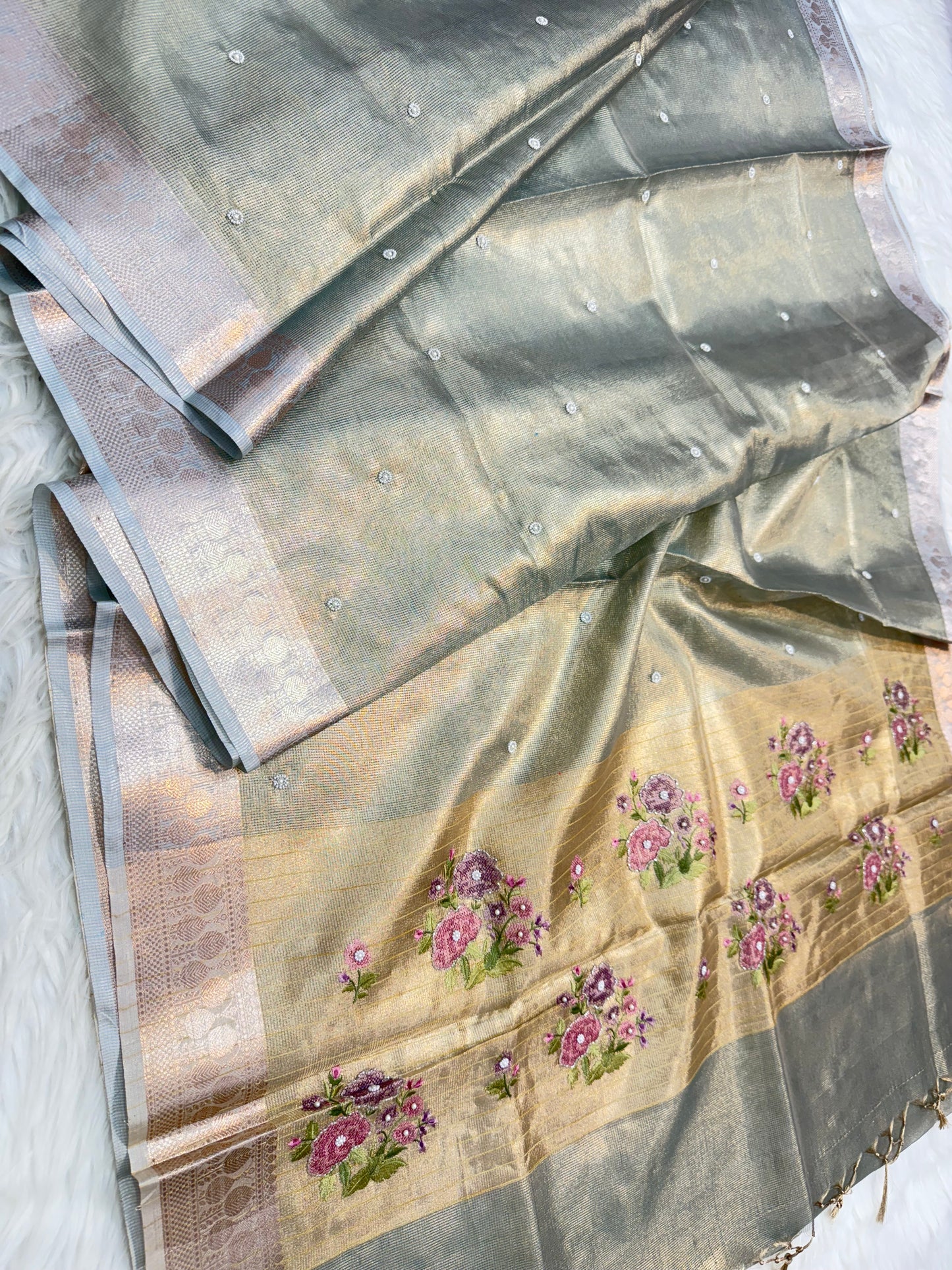 Light slate blue shade kota tissue kota designer embroidery handwork premium Banarasi saree
