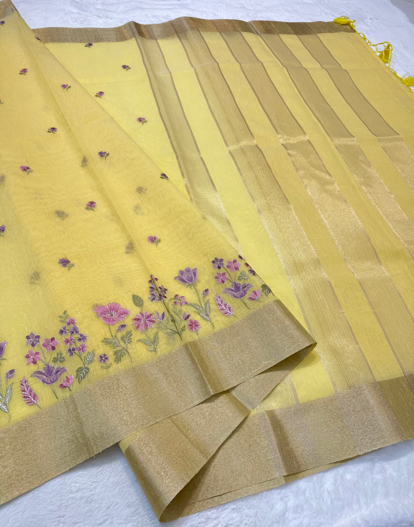 Yellow shade linen embroidery premium Banarasi saree