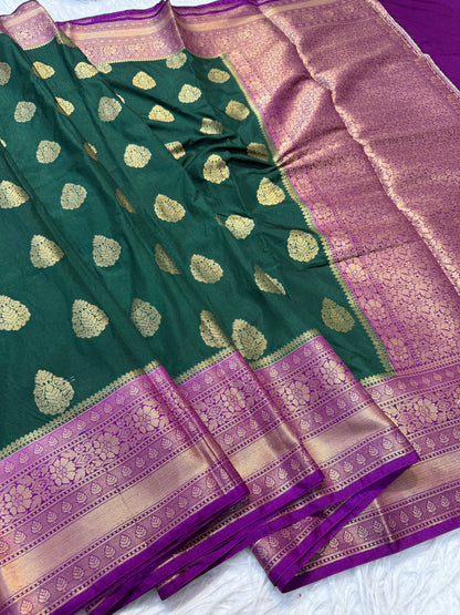 Bottle green magenta shade Dupion Silk premium Banarasi Saree