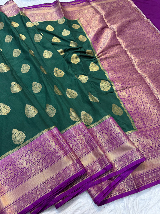 Bottle green magenta shade Dupion Silk premium Banarasi Saree