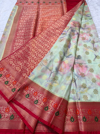 Pista green red & multicolour Dupion silk digital print Banarasi saree