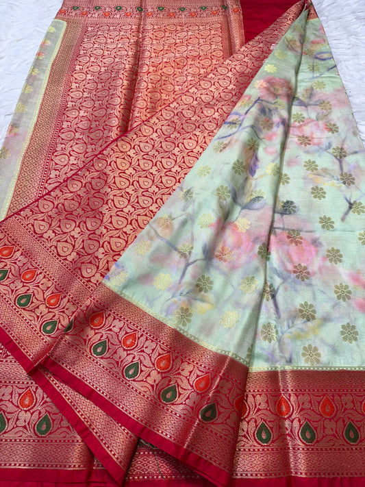 Pista green red & multicolour Dupion silk digital print Banarasi saree