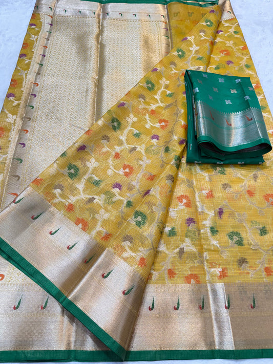 Gold & multicolour shade tissue kota premium paithani border designer banarasi saree