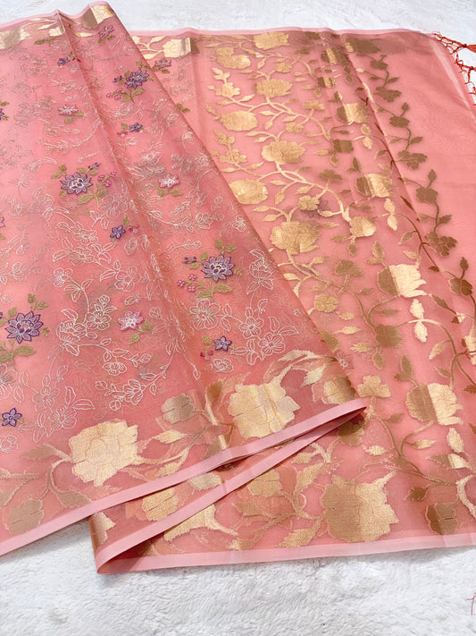 Peach shade organza designer  embroidery premium Banarasi saree