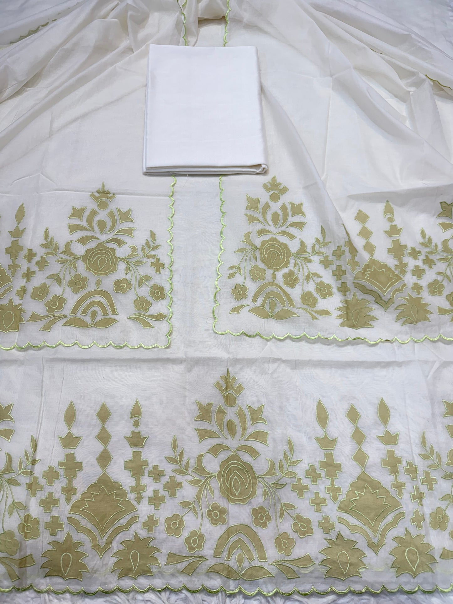 Pista green white shade mul chanderi 3 piece appliqué work banarsi suit