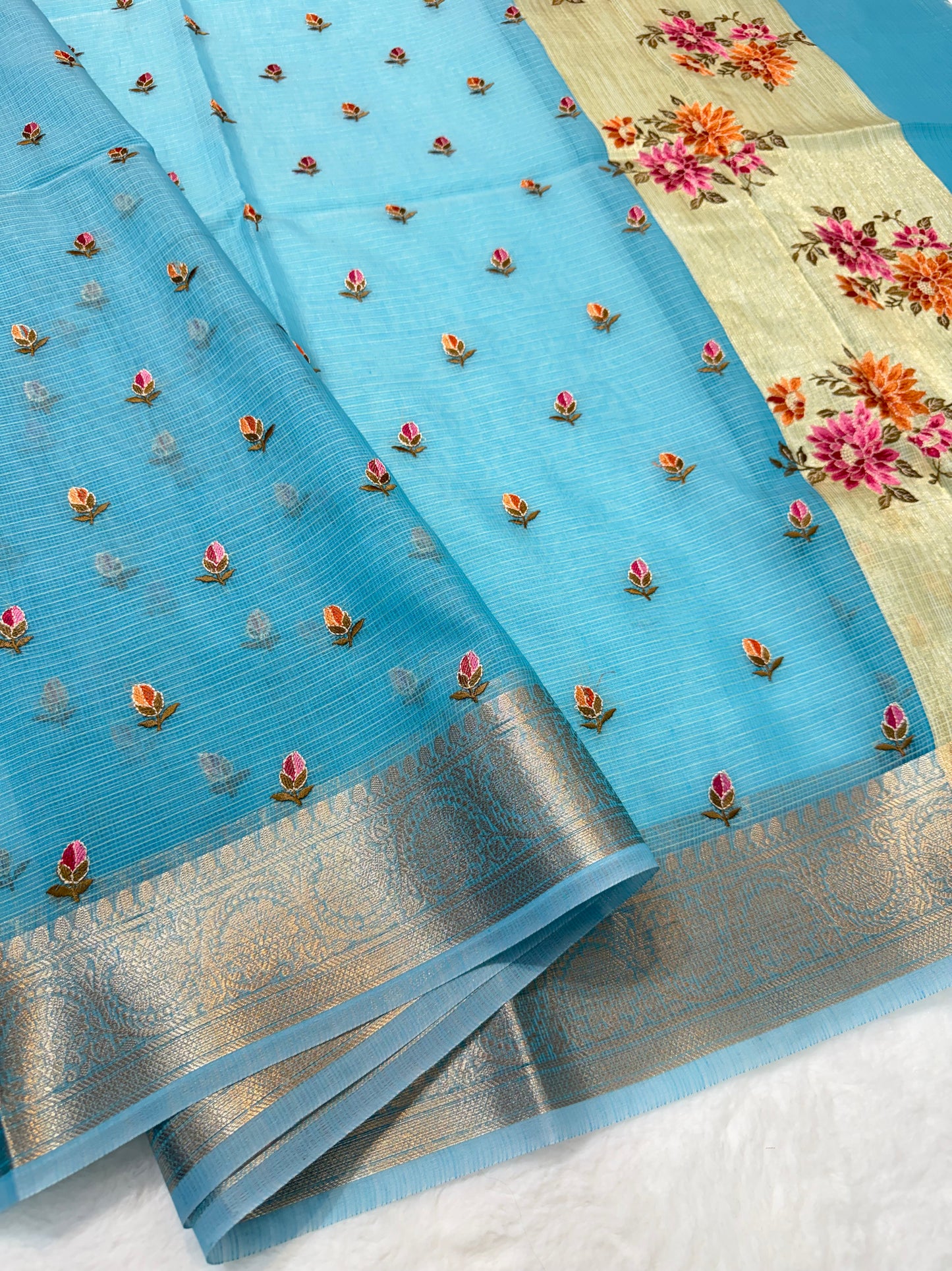 Sky blue shade cotton kota embroidery Banarasi saree