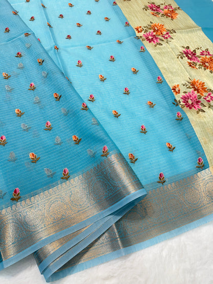 Sky blue shade cotton kota embroidery Banarasi saree