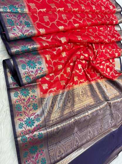 Red & nevy shade Chiniya Silk premium Banarasi Saree