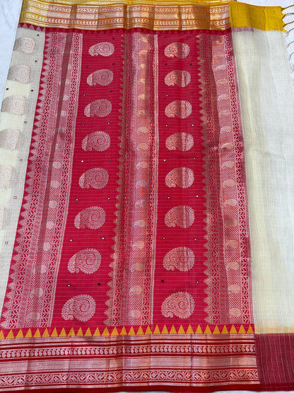 Off white mustard red shade kota mirror work premium Banarasi saree