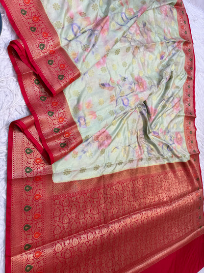 Pista green red & multicolour Dupion silk digital print Banarasi saree