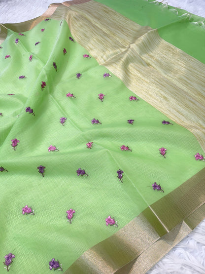 Pista green  shade cotton kota embroidery Banarasi saree