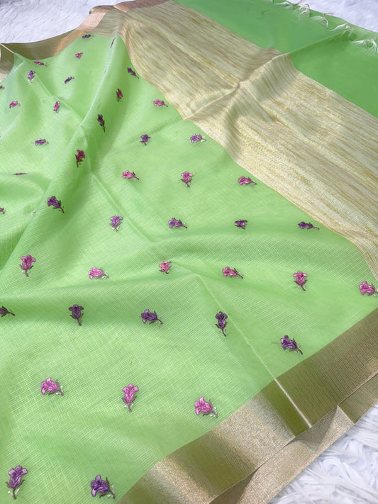 Pista green  shade cotton kota embroidery Banarasi saree