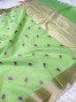 Pista green  shade cotton kota embroidery Banarasi saree