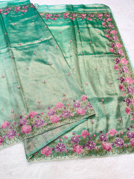 Sea green shade tissue cutwork embroidery premium designer Banarasi saree