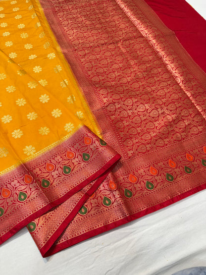 Mango & red shade  Dupion Silk premium Banarasi Saree