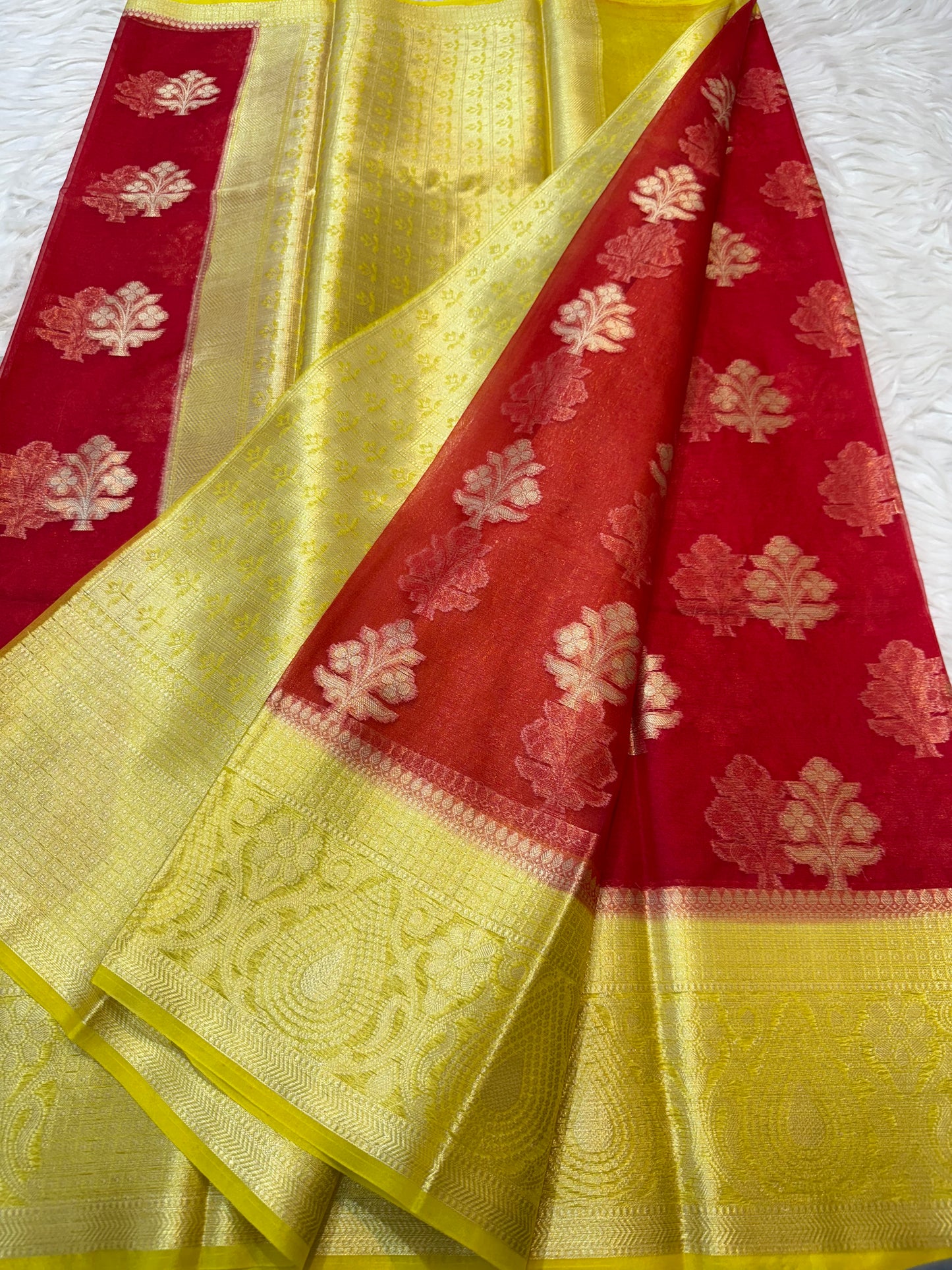 Red yellow warm silk premium Banarasi saree