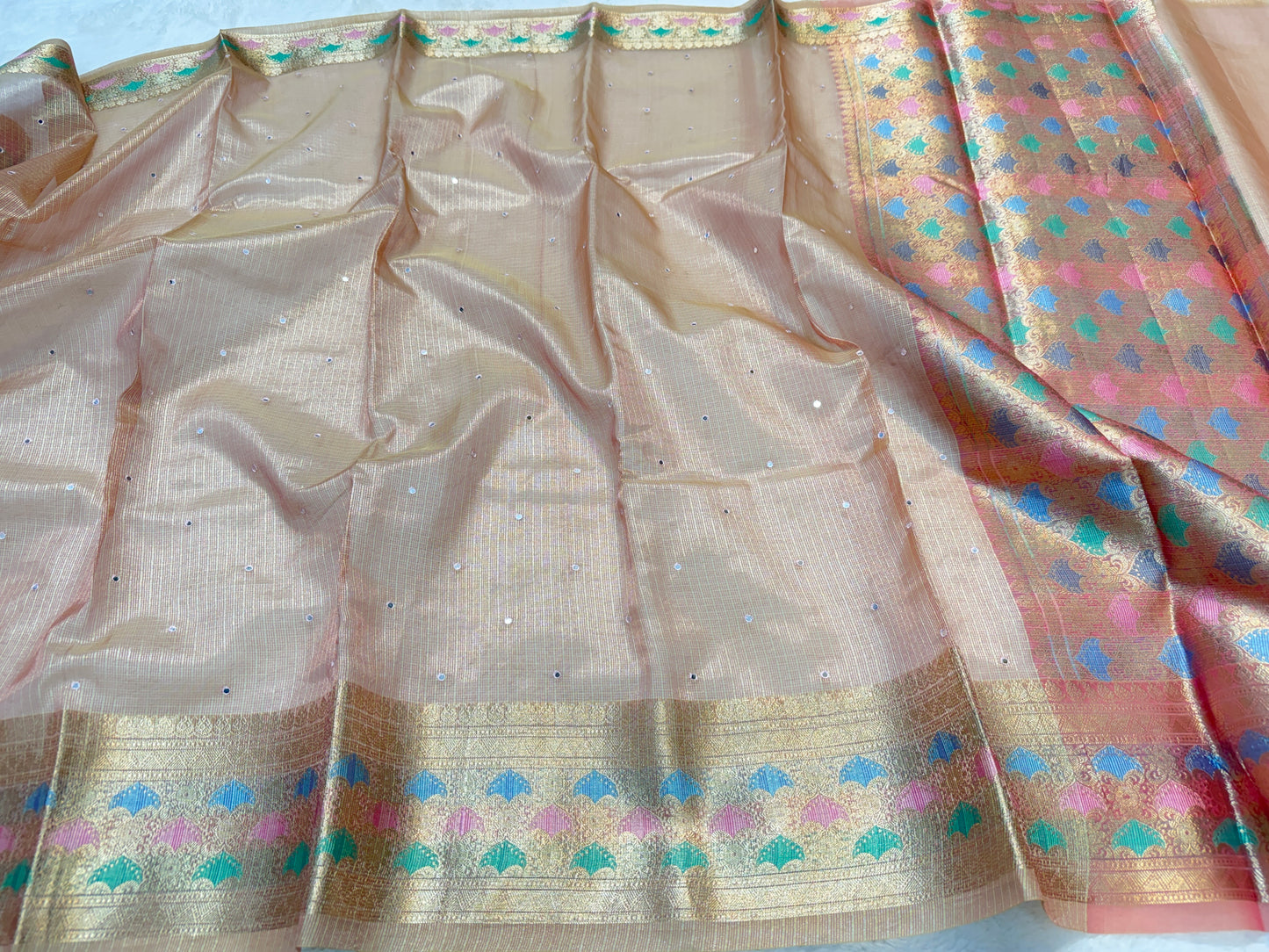 Rose Gold shade tissue kota mirror work premium Banarasi saree
