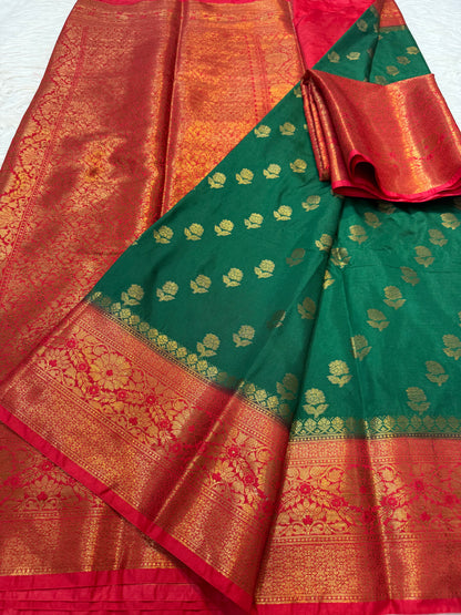 Bottle green red shade Dupion Silk premium Banarasi Saree