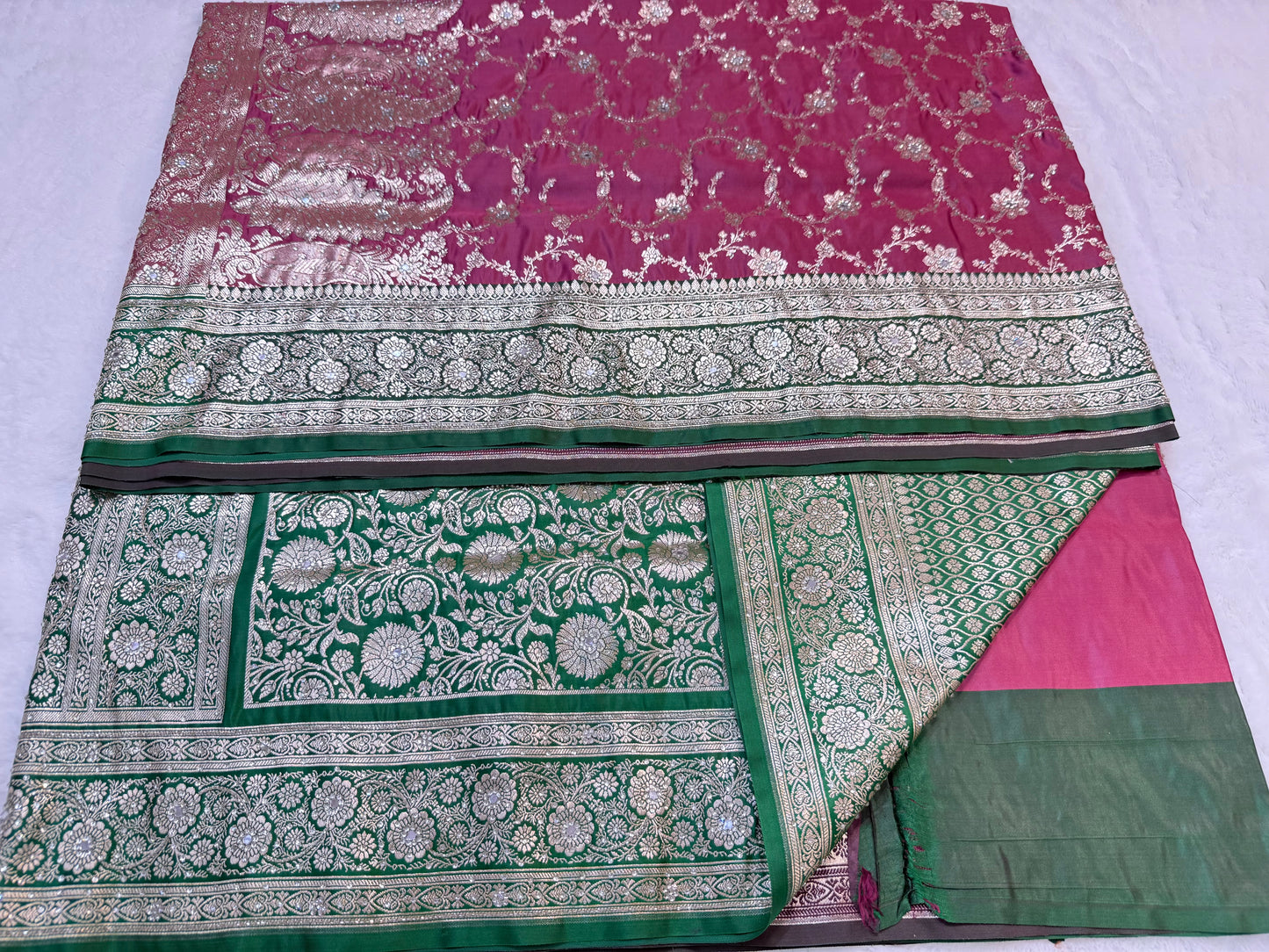 Royal pink & bottle green shade Bridal Satan katan ari & stone work Banarasi silk Saree