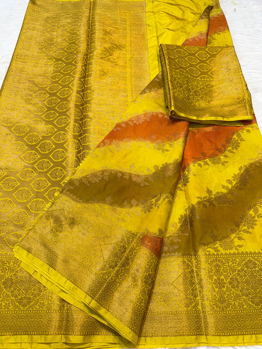 multicolour Dupion silk hand brush print Banarasi saree