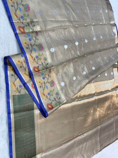 Gray & multicolour shade tissue kota premium paithani border designer banarasi saree