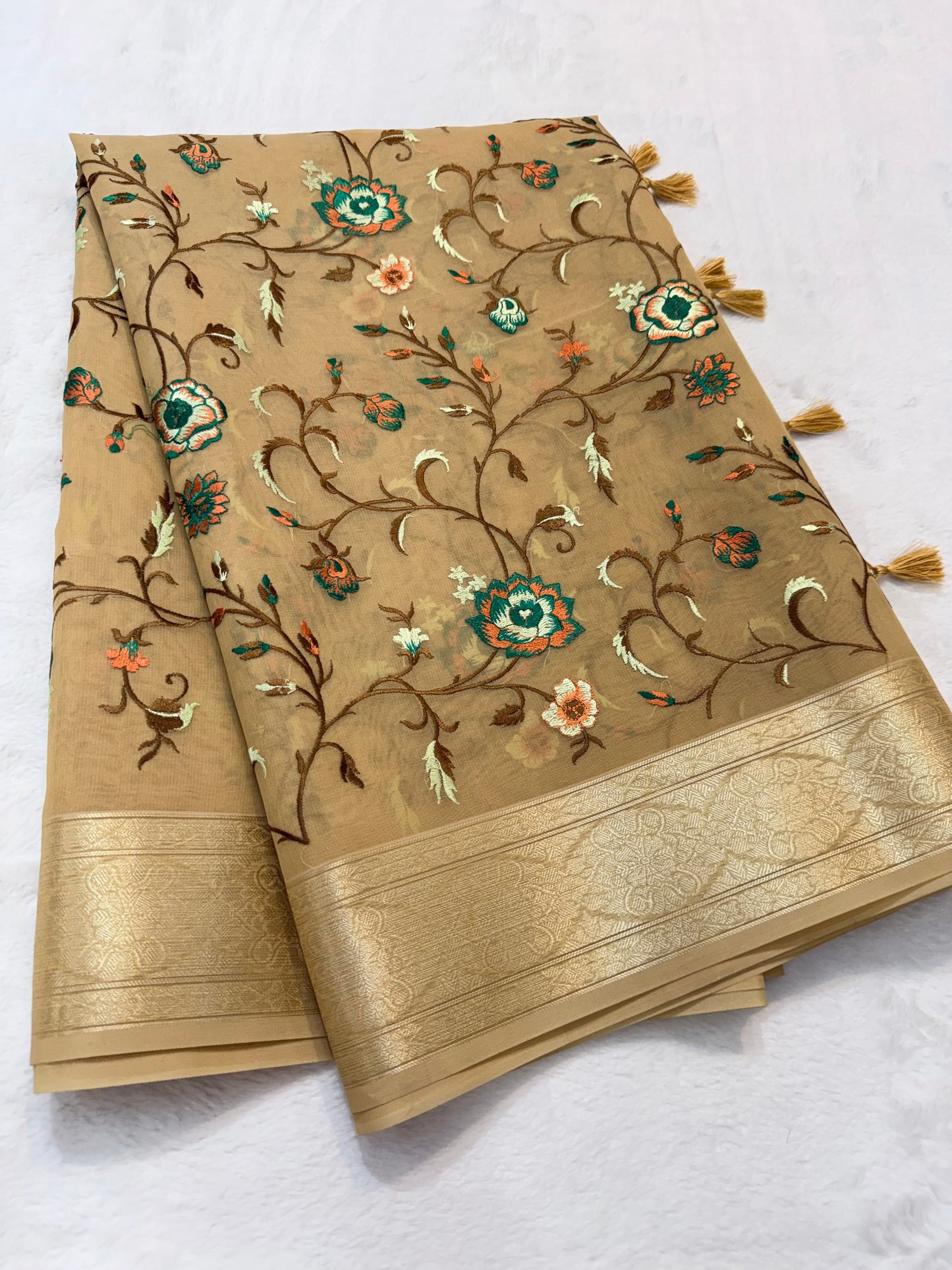 Beige shade organza designer premium embroidery Banarasi saree
