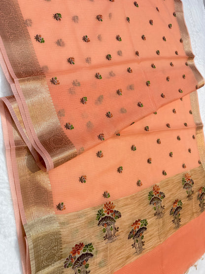 Peach shade cotton kota embroidery Banarasi saree