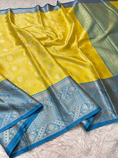 Yellow firozi shade premium soft silk Banarasi saree