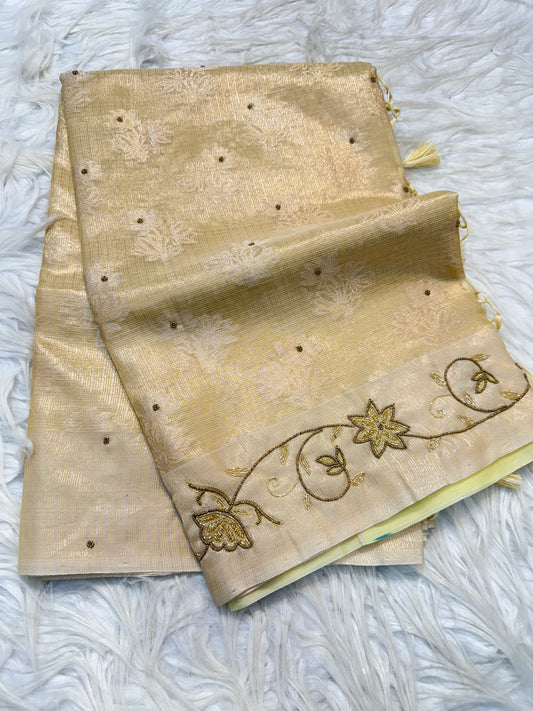 Yellow shade tissue kota handwork premium Banarasi saree
