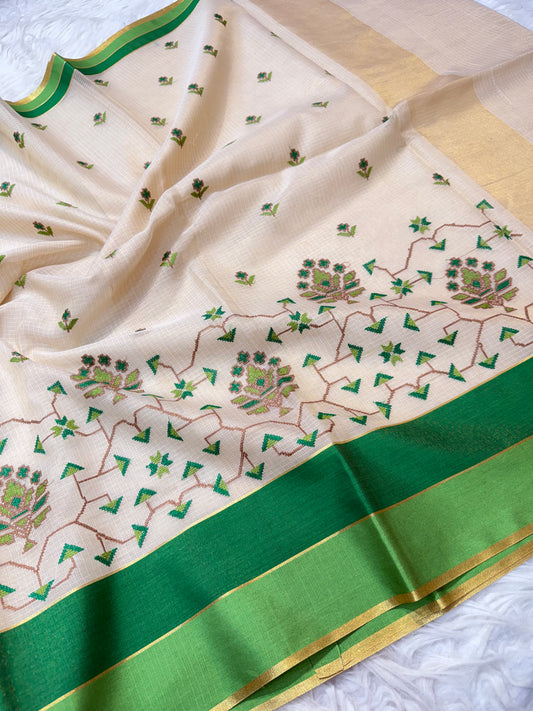 Off White Sea green bottle green shade tissue kota embroidery Banarasi saree