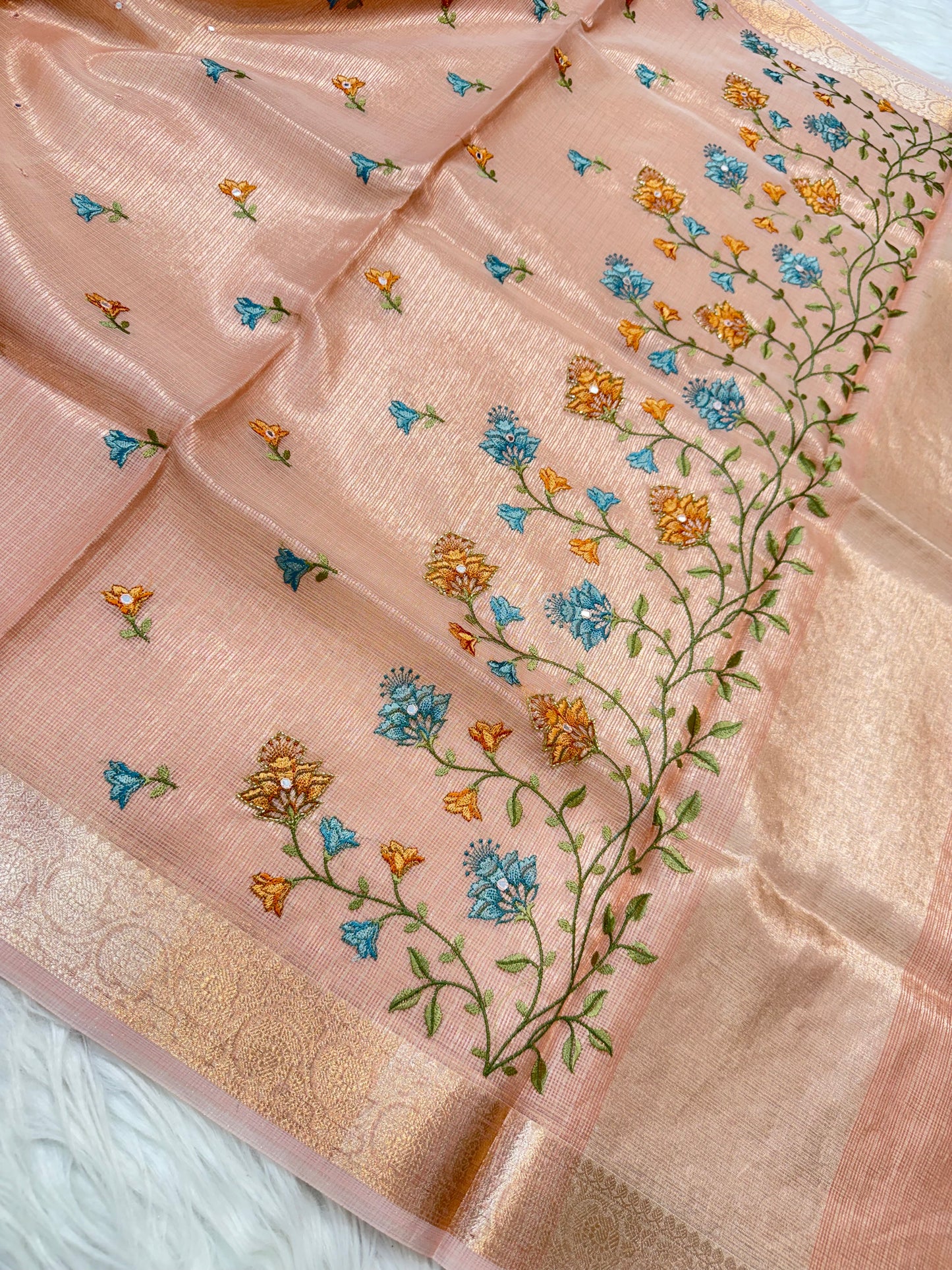 Peach shade tissue kota embroidery mirror work premium Banarasi saree