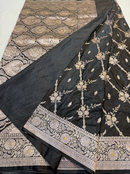 Black shade Bridal Mashru ari & stone Silk Banarasi Saree