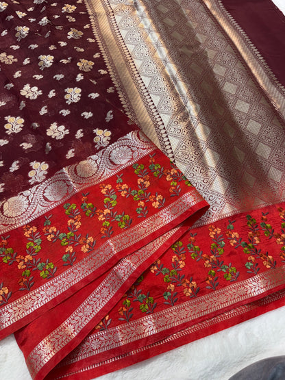 Wine & red shade raw mango premium embroidery Banarasi saree