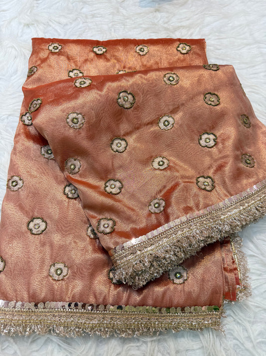 Bronze shade tissue ari & zardosi work designer premium Banarasi saree