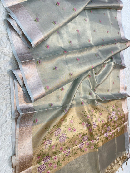 Sea green  shade tissue kota embroidery primum Banarasi saree