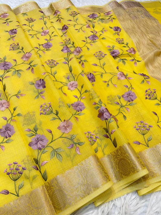 Yellow shade kota  embroidery Banarasi saree