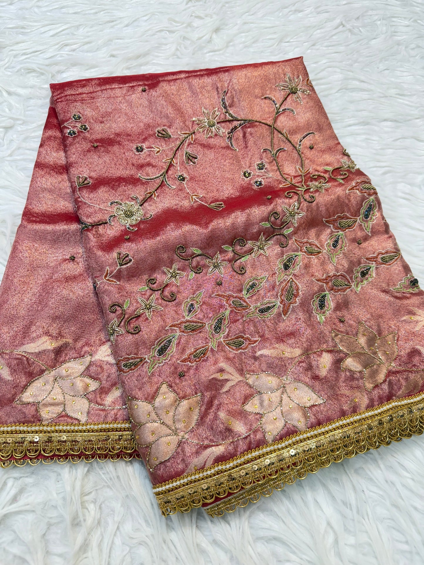Red shade tissue ari & zardosi work designer premium Banarasi saree
