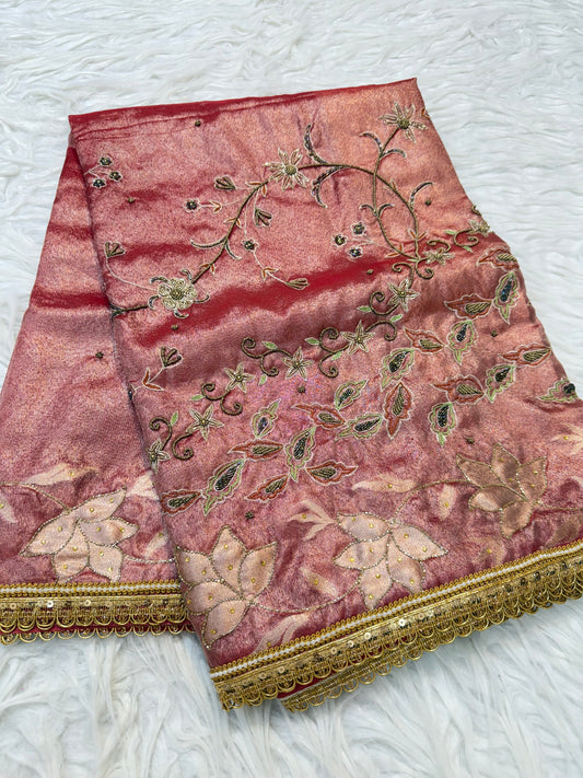 Red shade tissue ari & zardosi work designer premium Banarasi saree