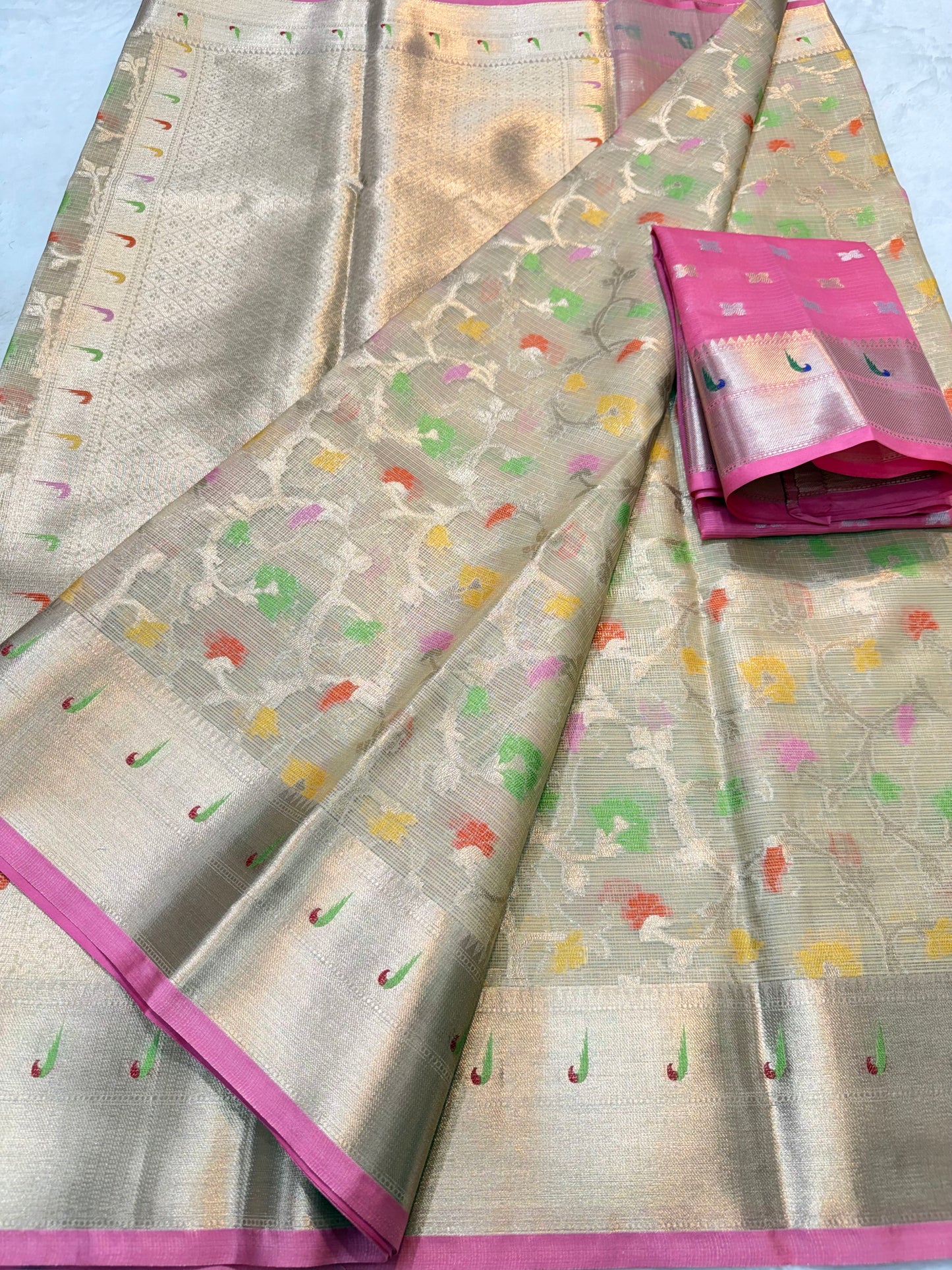 Silver & multicolour shade tissue kota premium paithani border designer banarasi saree