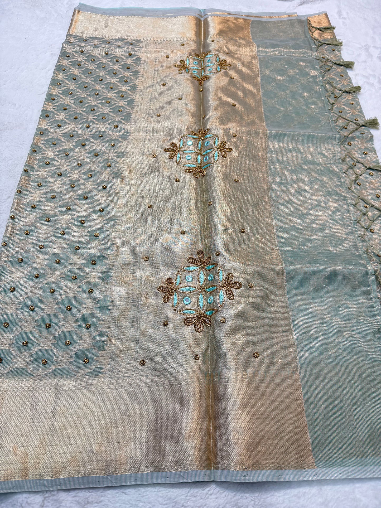 Sea green tissue kota designer handwork premium Banarasi saree