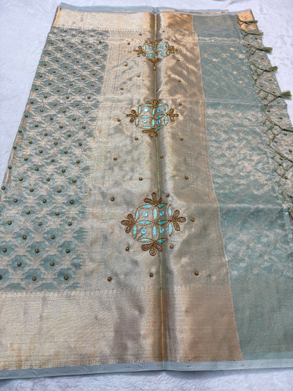 Sea green tissue kota designer handwork premium Banarasi saree