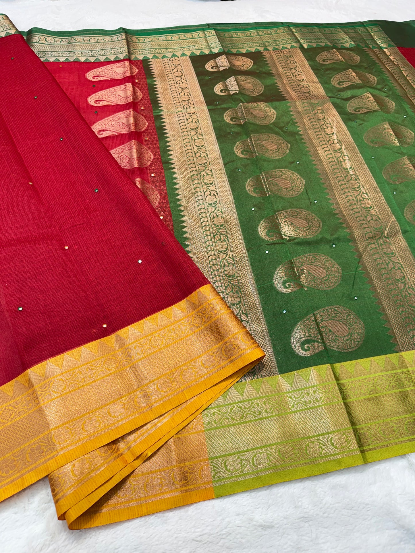 Red & mustard green shade kota mirror work premium Banarasi saree