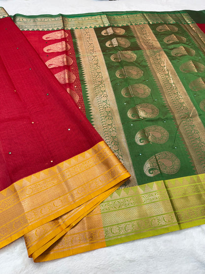 Red & mustard green shade kota mirror work premium Banarasi saree