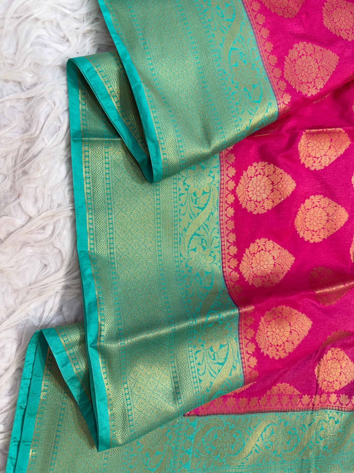 Royal pink & sea green shade Dupion Silk Banarasi Saree 
