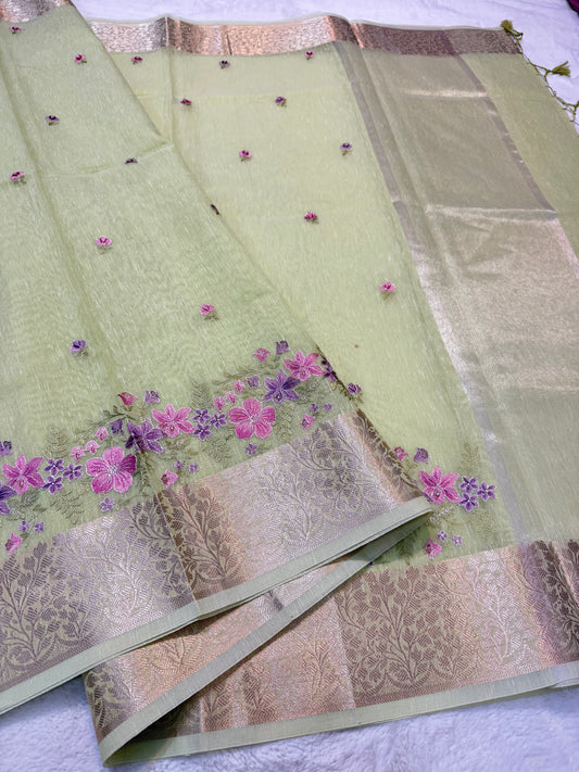 Pista green shade linen designer embroidery Banarasi saree